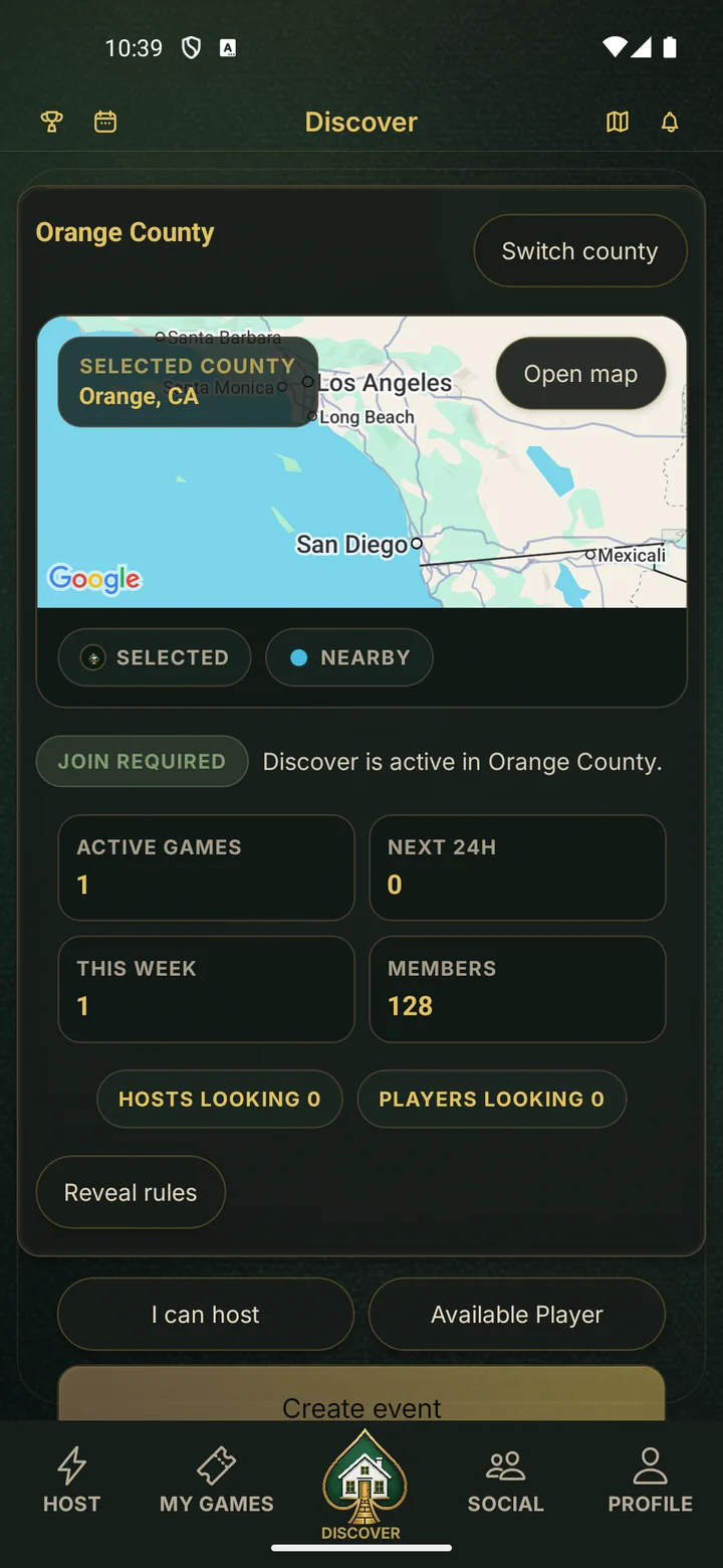 PokerMeet Discover screen showing local home poker games by county