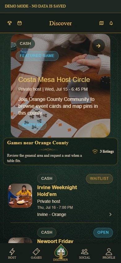 PokerMeet Discover screen showing current sample poker games in Orange County