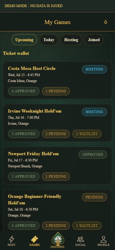 PokerMeet ticket wallet showing sample Orange County games with hosting, approved, and pending status