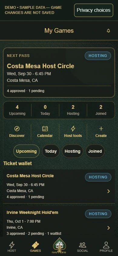 PokerMeet Demo My Games ticket wallet showing sample games and seat-status labels