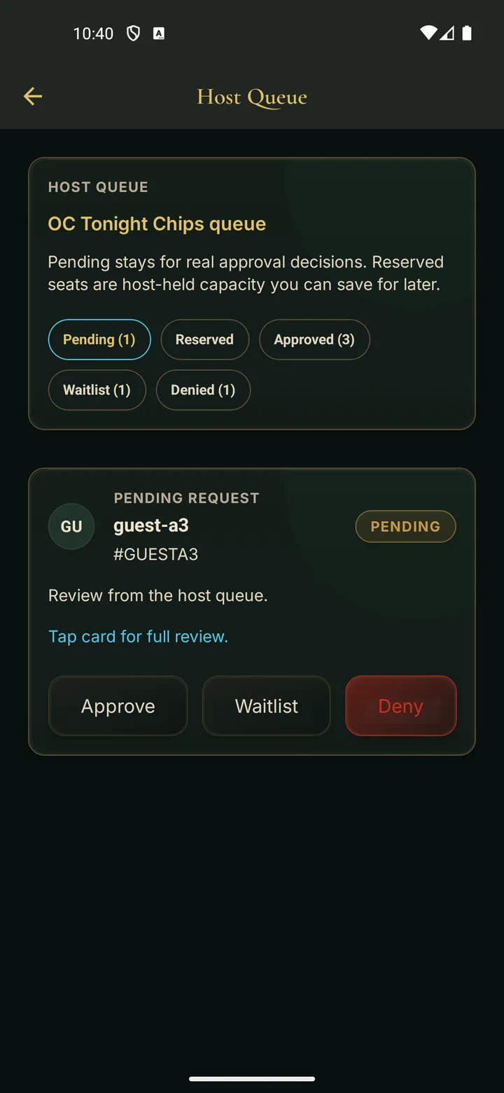 PokerMeet host queue screen showing pending request review