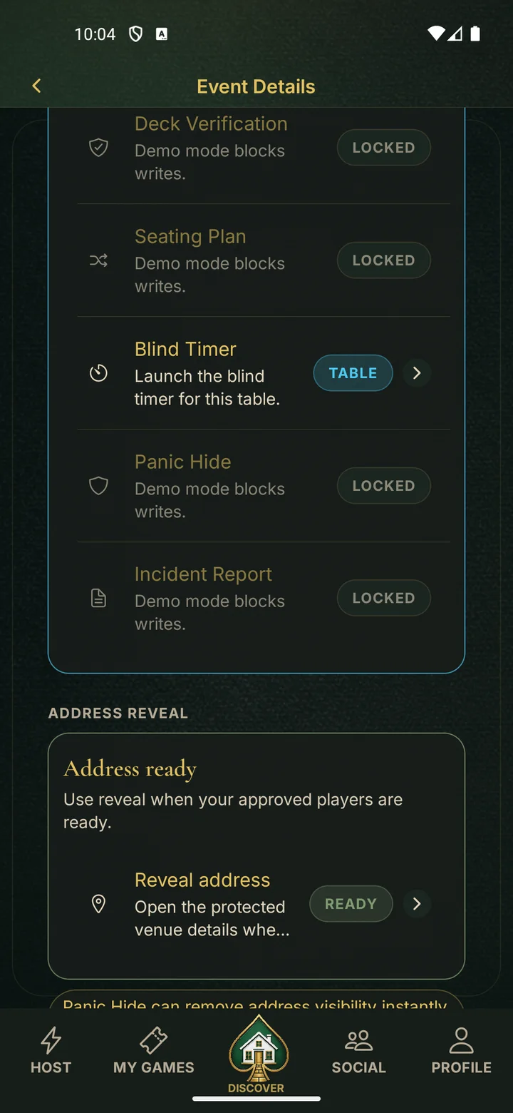 PokerMeet host game tools screen with location sharing and privacy controls