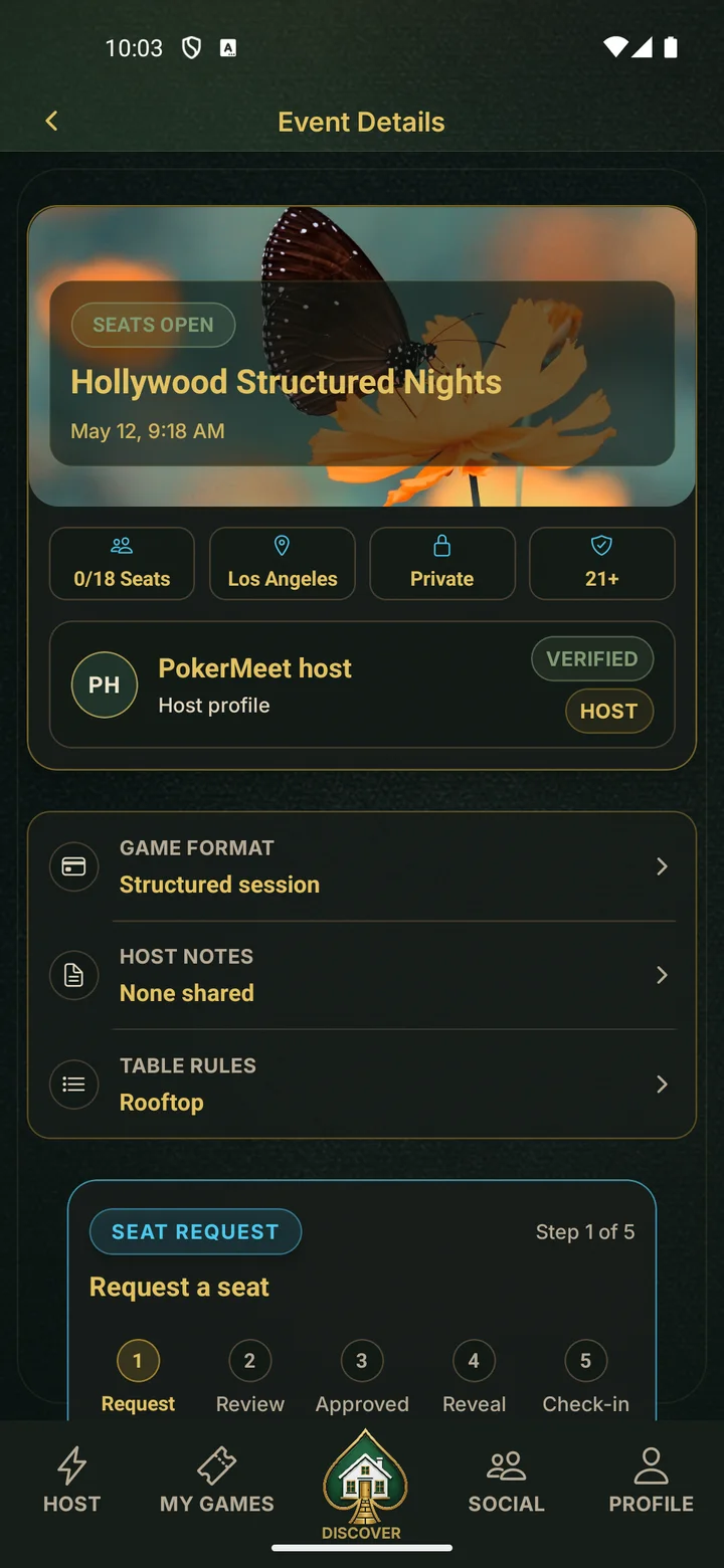 PokerMeet Event Details screen showing a local home poker game before seat approval