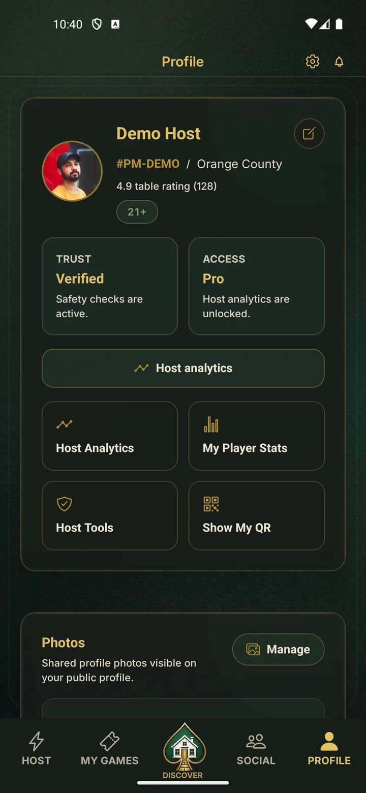 PokerMeet Profile tab showing trust, access, and host tools