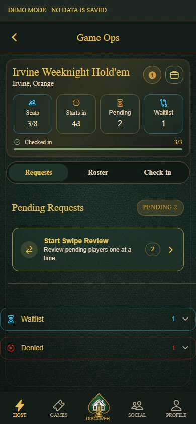 PokerMeet Game Ops screen showing pending requests for a sample Irvine hold'em game