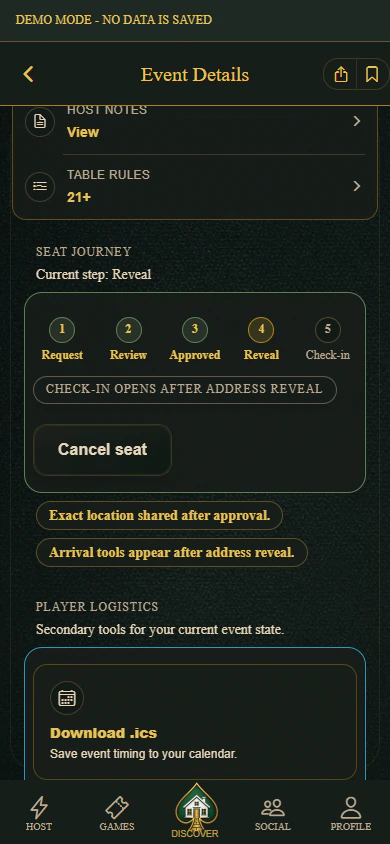 PokerMeet address-sharing screen showing protected location details after approval