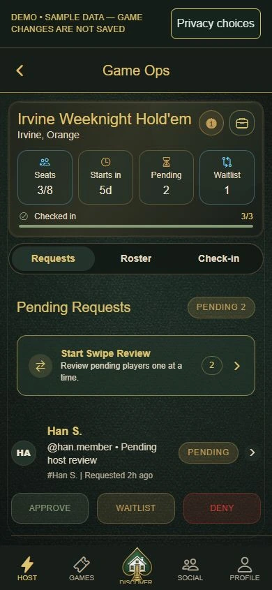 PokerMeet Demo Game Ops screen showing a pending seat request for a sample Irvine hold'em game