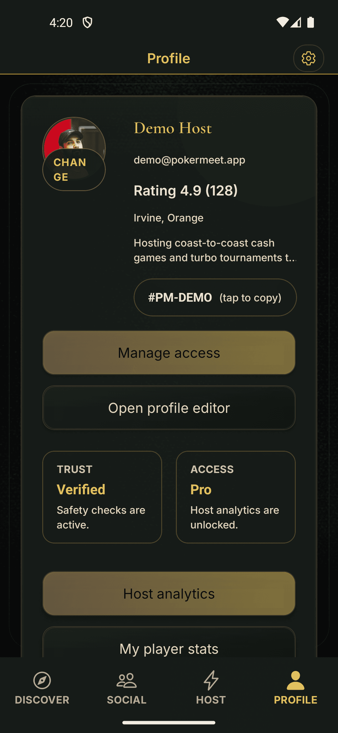 PokerMeet profile screen showing a verified host profile with ratings and local county details