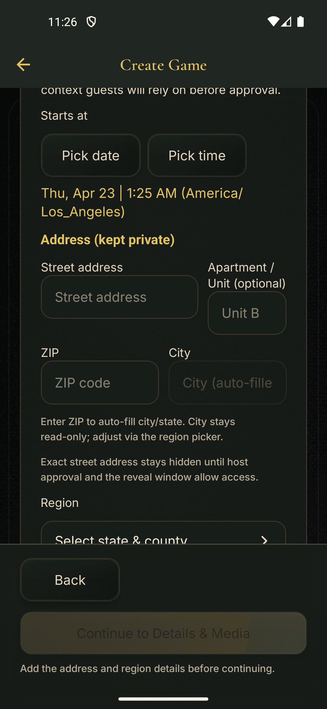 PokerMeet host create game flow