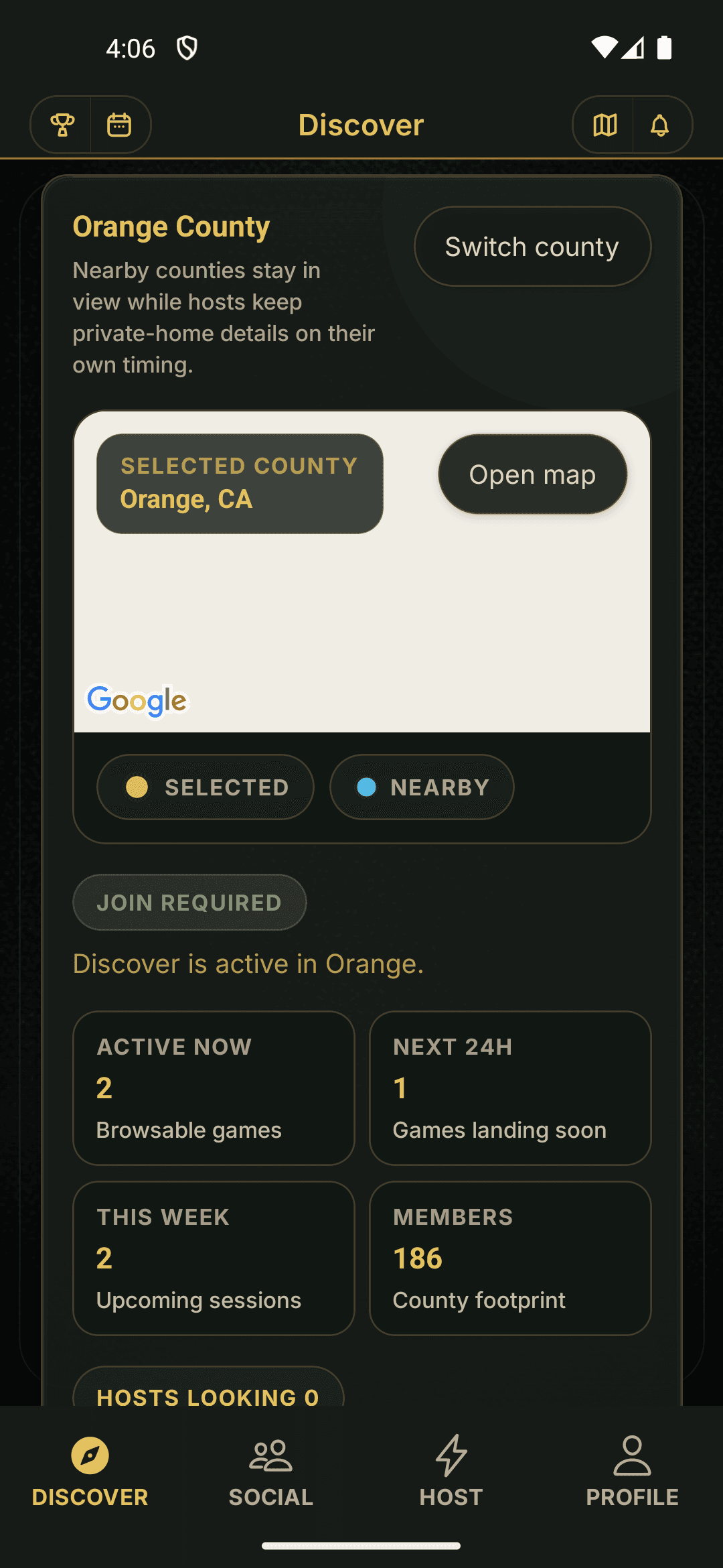 PokerMeet discover screen showing Southern California county browsing and live private game listings