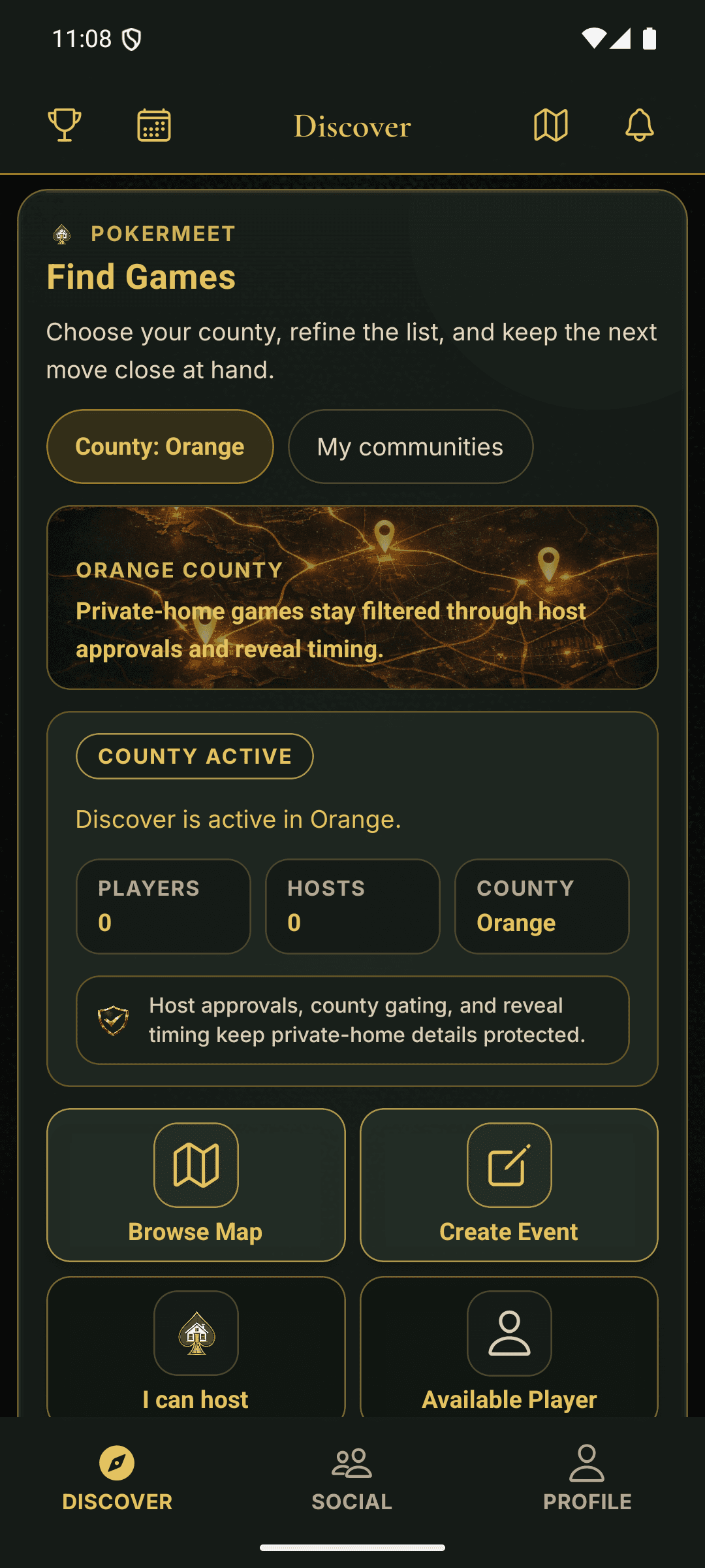 PokerMeet demo Discover screen showing county browse and sample featured activity