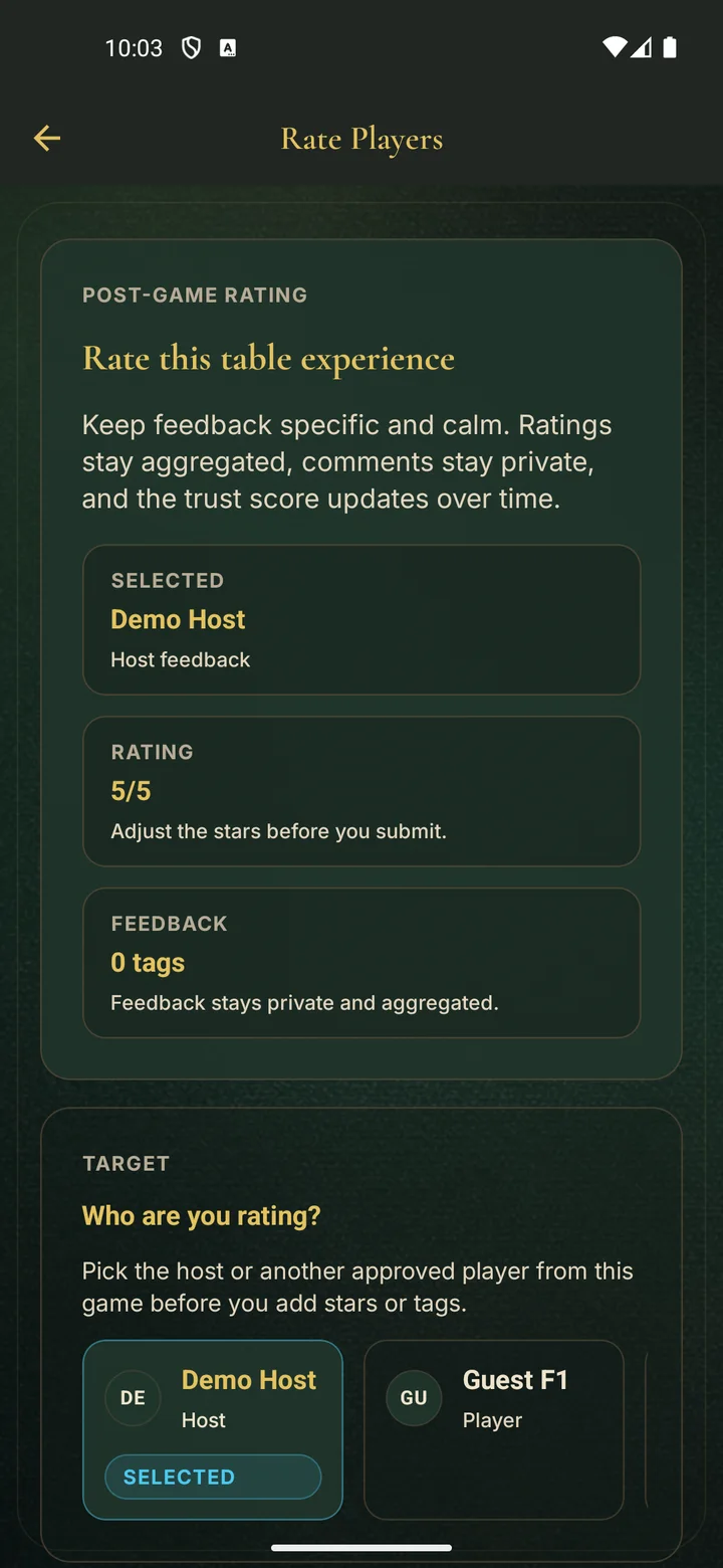 PokerMeet post-game rating screen showing private feedback and reputation context