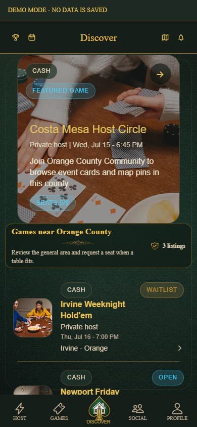 PokerMeet Discover screen showing current sample poker games in Orange County