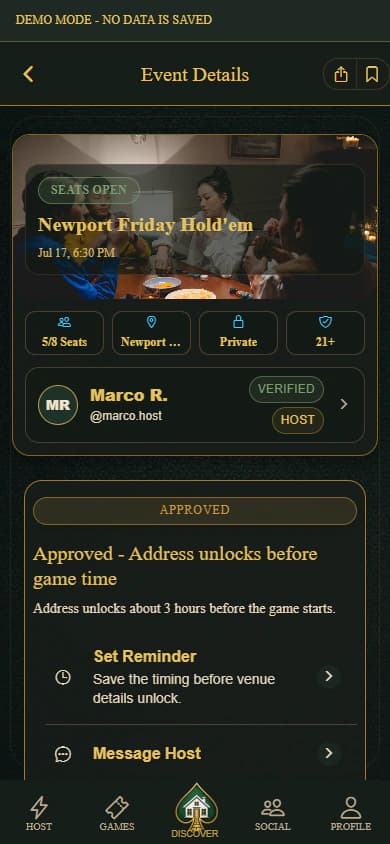 PokerMeet Event Details screen for a sample Newport Beach hold'em game