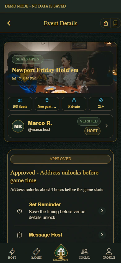 PokerMeet Event Details screen for a sample Newport Beach hold'em game