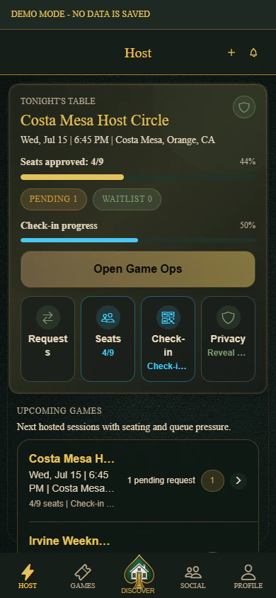 PokerMeet host dashboard showing privacy, seat, and check-in controls