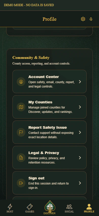 PokerMeet Profile screen showing community, county, safety, and privacy controls
