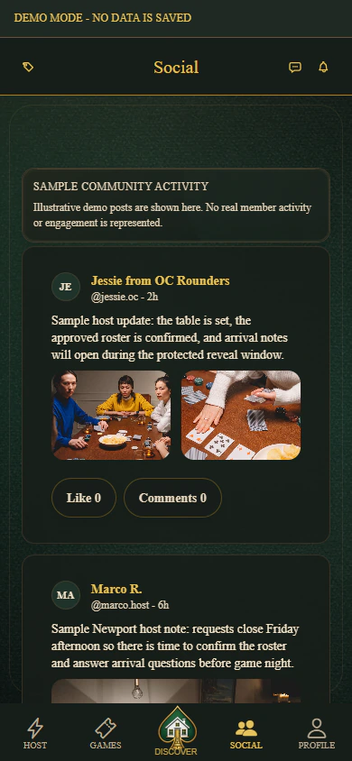PokerMeet Social tab showing clearly labeled sample Orange County community activity