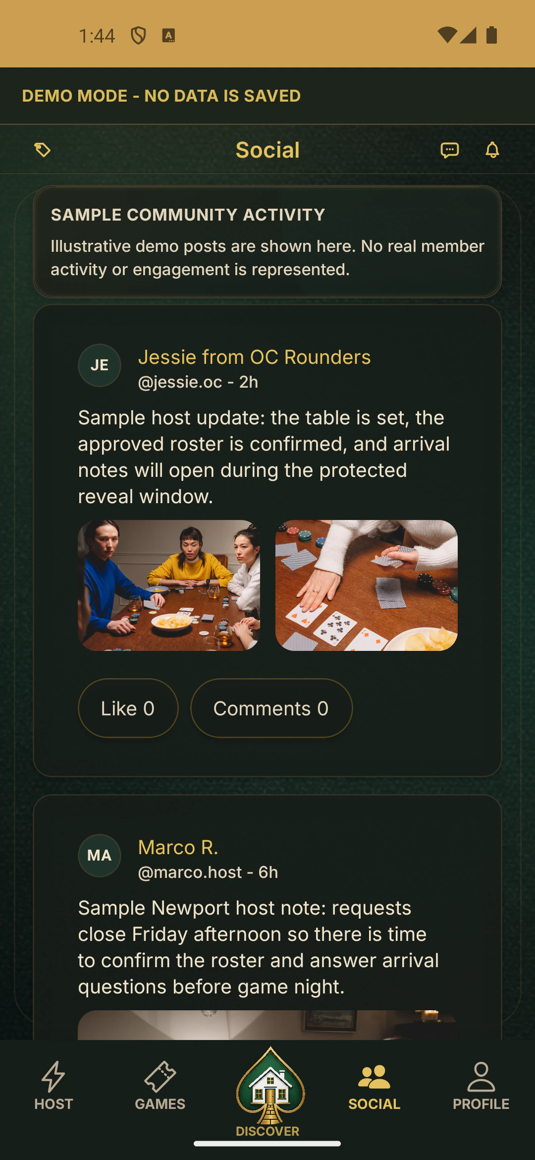 PokerMeet product screen showing sample data