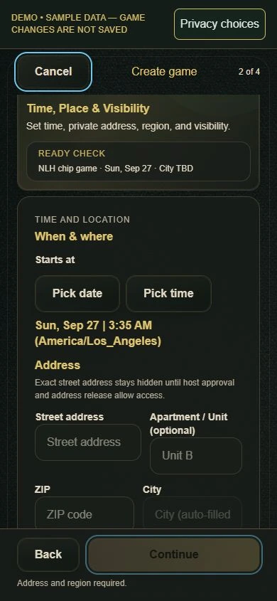 PokerMeet Demo Create Event screen explaining that the exact street address stays hidden until host approval and address-release access