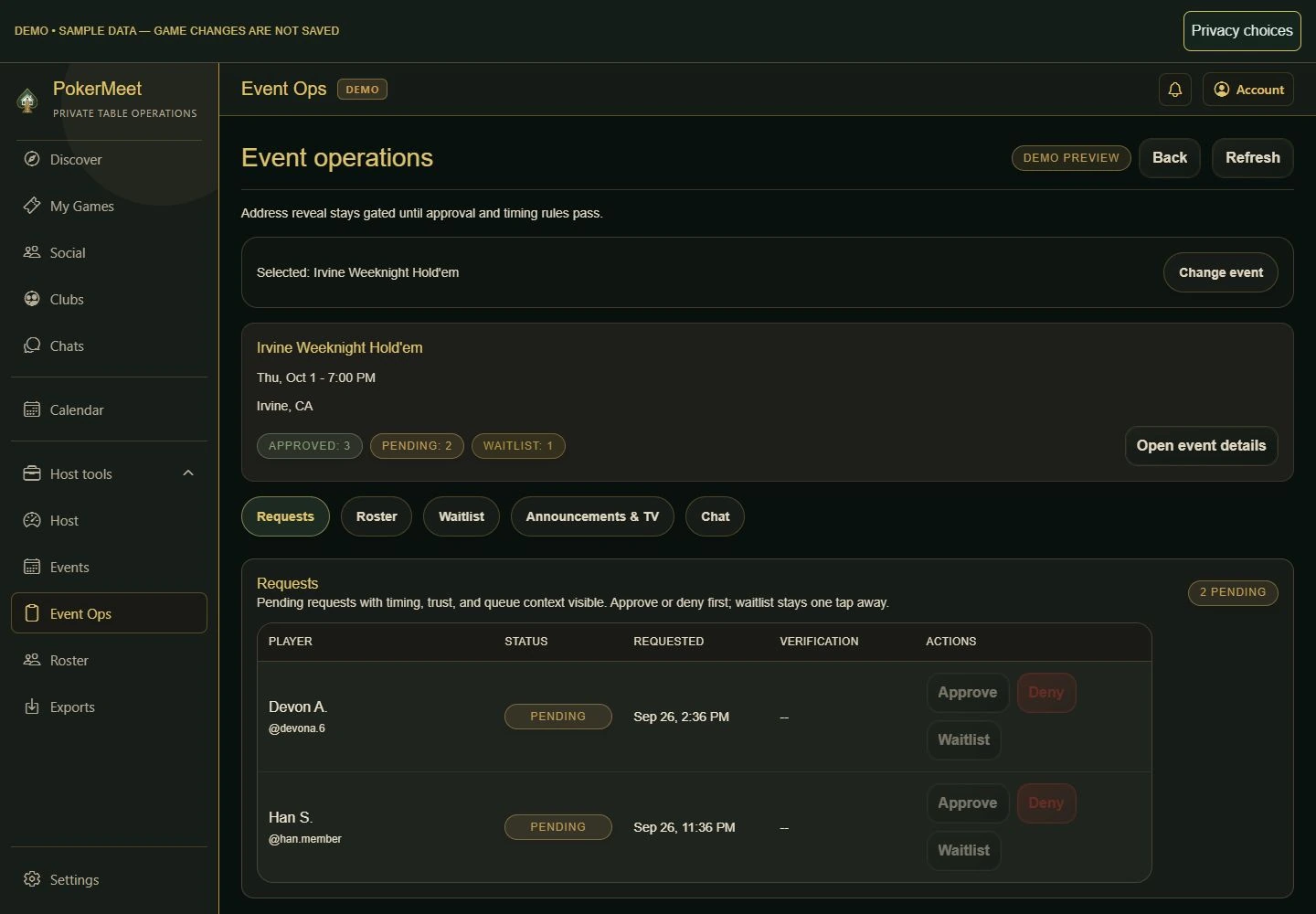 PokerMeet Demo desktop Event Ops workspace showing pending requests for a sample Irvine hold'em game, with approve, deny, and waitlist controls