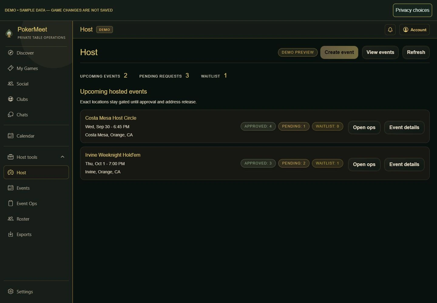 PokerMeet Demo desktop host workspace showing upcoming hosted games and game-night tools