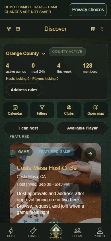 PokerMeet Demo Discover screen showing Orange County context, local game activity, and access to the general-area map