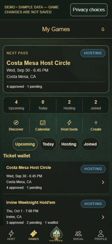 PokerMeet Demo My Games ticket wallet showing sample games and seat-status labels