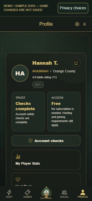 PokerMeet Demo Profile screen showing a sample county profile, account checks and free access, player stats, and host tools