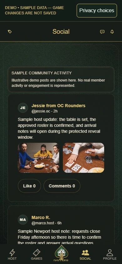 PokerMeet Demo Social screen showing explicitly labeled illustrative community activity